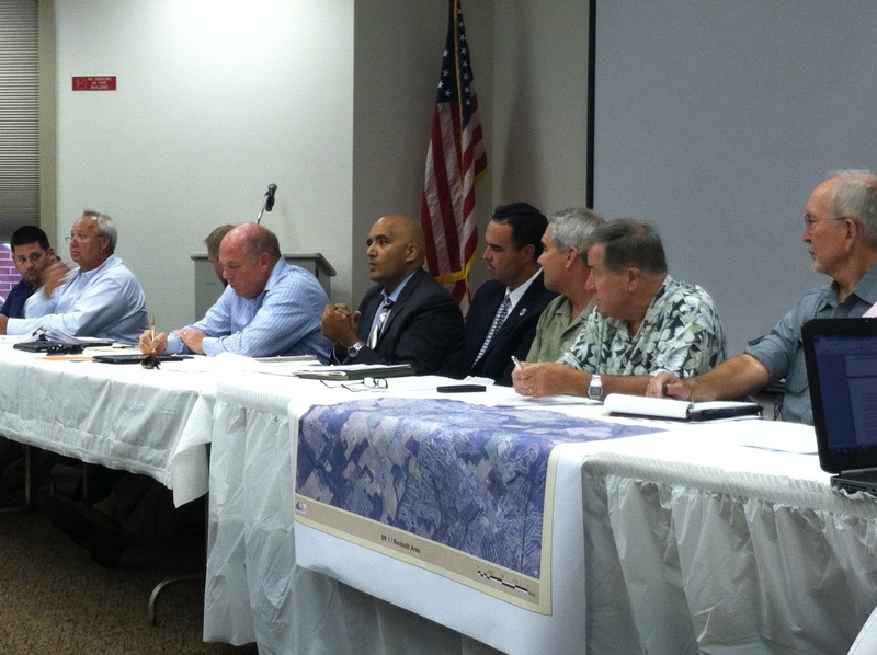 Delaware Department of Transportation Secretary Shailen Bhatt speaks to residents at a Public Safety Task Force meeting, Aug. 7. Shown are (l-r) Don Mitchell of Rehoboth Beach Volunteer Fire Company; Bill Klemkowski of Rehoboth Beach-Dewey Beach Chamber of Commerce; Delaware Police Lt. Mike Nelson; Rep. Pete Schwartzkopf, D-Rehoboth Beach; Bhatt; Sen. Ernie Lopez, R-Lewes; Bob Frederick; Roger Roy; and Len Read. BY KARA NUZBACK